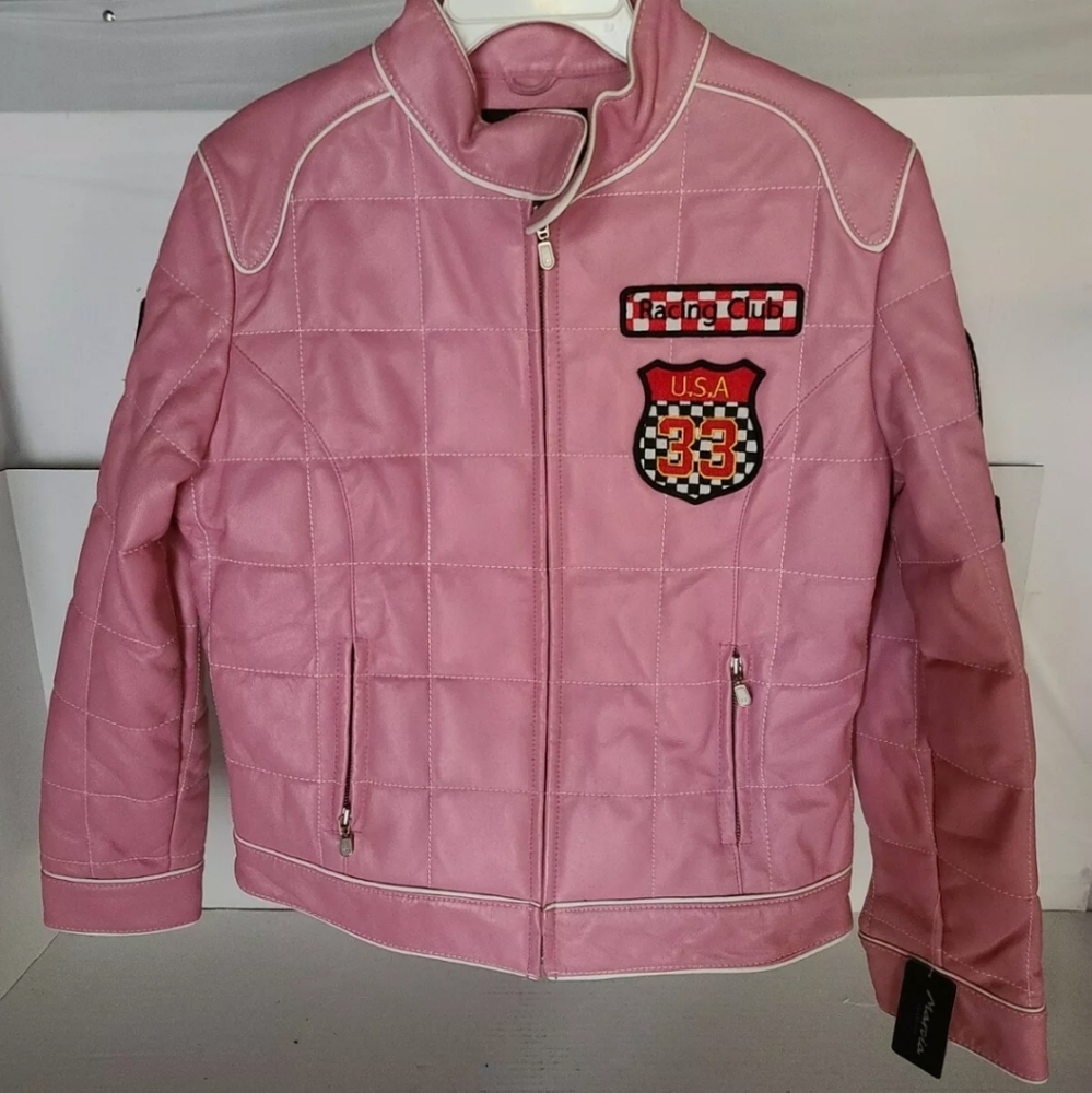 Marcia Collection Italy Racing Club PINK Leather White Piping Jacket Size Medium